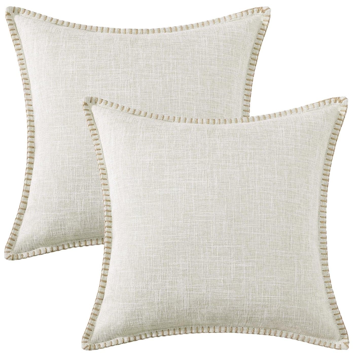 decorUhome Decorative Outdoor Throw Pillow Covers 22x22 Set of 2 Square Linen Rustic Neutral Farmhouse Pillow Covers with Stitched Edge for Couch Sofa Living Room Beige