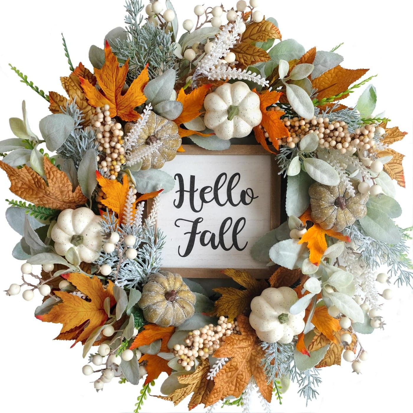 CIR OASES 20inch Thanksgiving Fall Wreath Eucalyptus Berries Pumpkins Lamb Ears Leaves Autumn Wreaths for Front Door Fall Decor Porch Wall Home Outdoor Holiday Decorations Wreath for Autumn