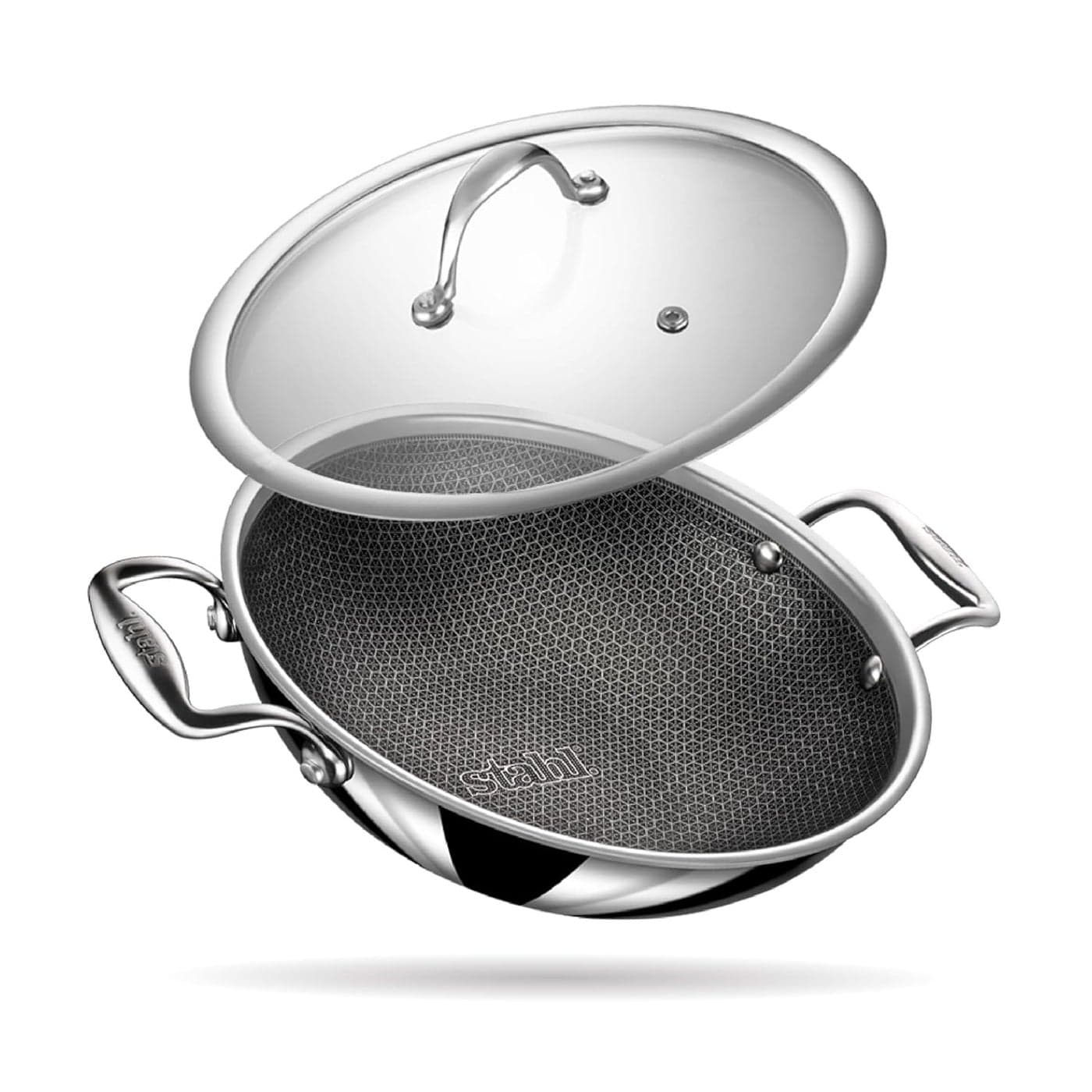 Stahl Artisan Hybrid Triply Non Stick Kadai with Lid Stainless Steel Kadai for Cooking Triply Kadhai Metal Spatula Friendly Induction Gas Stove Compatible 33 L 26 cm