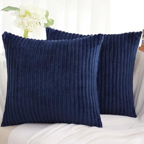 Simmore Decorative Throw Pillow Covers 22x22 Set of 2 Soft Natural Coastal Plush Flannel DoubleSided Fluffy Patriotic Couch Pillow Covers for Sofa Living Room Navy Blue