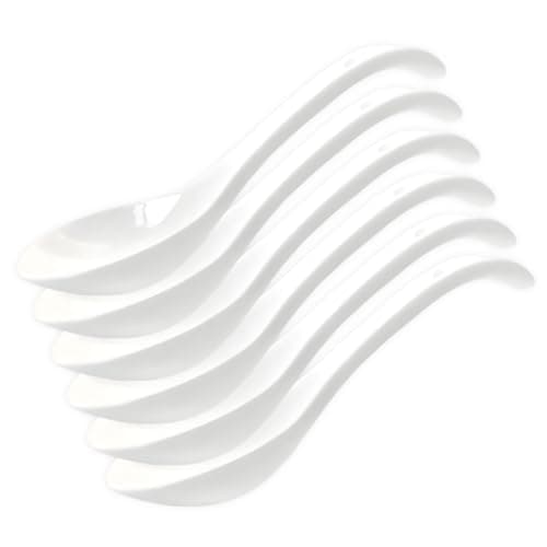 Furmaware asian soup spoons 6 pieces, deep oval hook design ultra-fine porcelain Japanese Spoon for Ramen Pho, cereal, Wonton Dumpling Miso, Noodles and curry dishes.