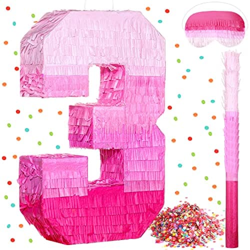 Sratte Number Piata Pink Piata Birthday Decorations Gradient with Stick Blindfold Confetti for Girls Boys Birthday Anniversary Party Decorations SuppliesNumber 3
