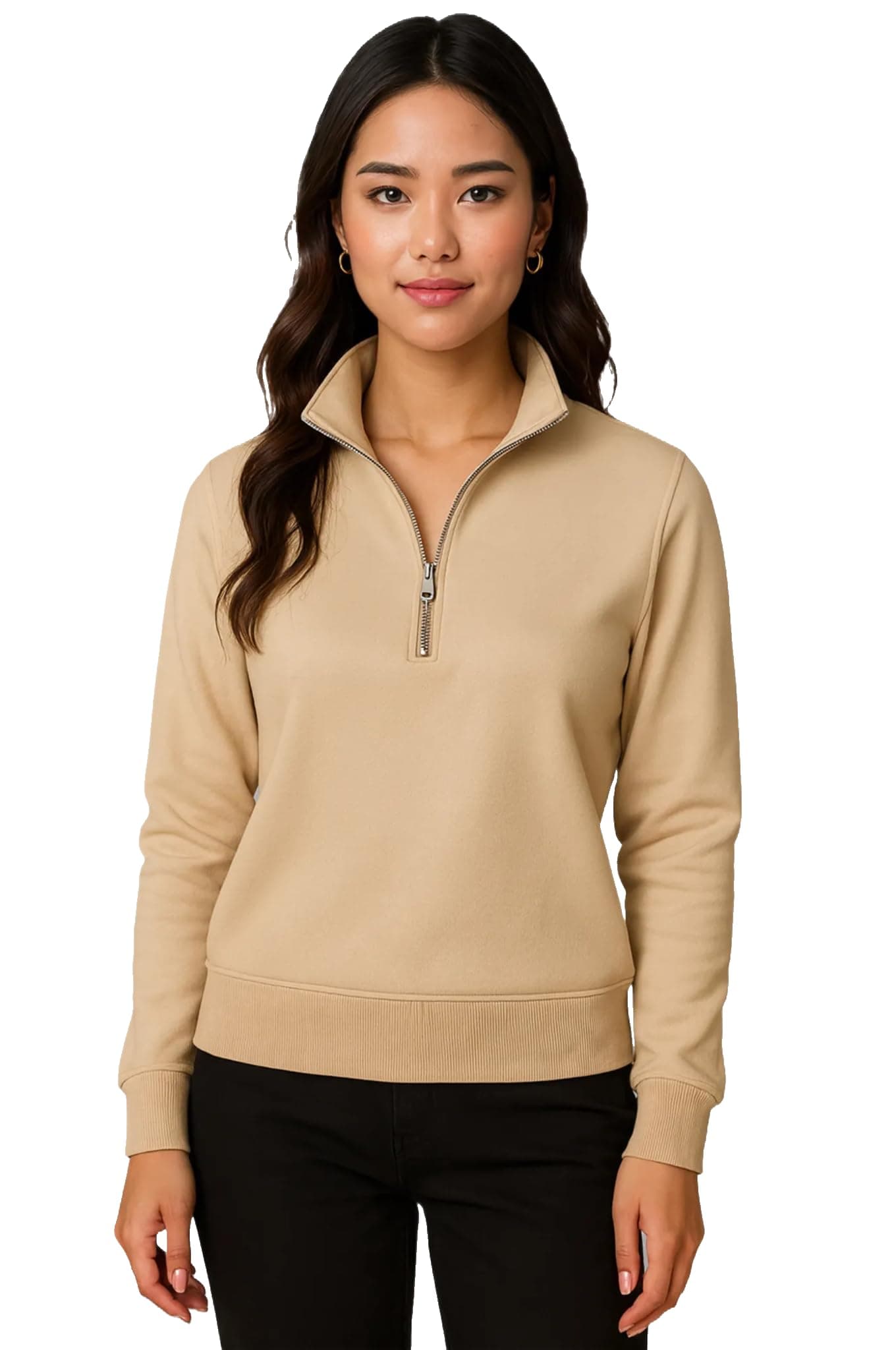 Mack Jonney Women’s Fleece Half-Zip Beige Color High Neck Sweatshirt | Warm & Stylish Winter Wear -M4504