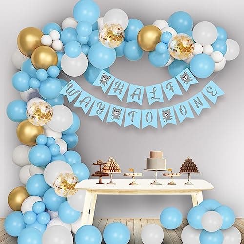 Party Propz Half Birthday Decoration for Baby Boy - Huge 73Pcs Combo | 1/2 Birthday Decorations for Baby Boy | Half Birthday Decoration | Half Way To One Banner (Cardstock) | Blue Balloons