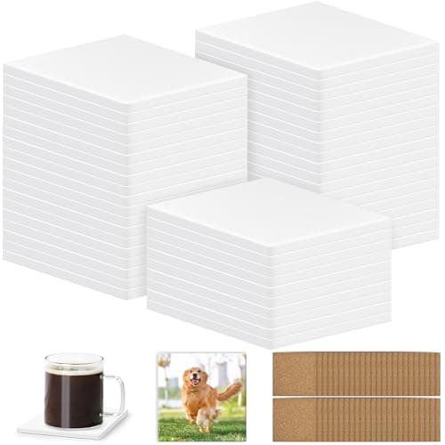 48 PCS Sublimation Coasters Blanks Ceramic Tiles Bulk 4x4 White Unglazed Glazed Ceramic Tiles for Crafts with 48 Cork Sticker Back, Square Coasters Sublimation for Heat Transfer DIY Painting