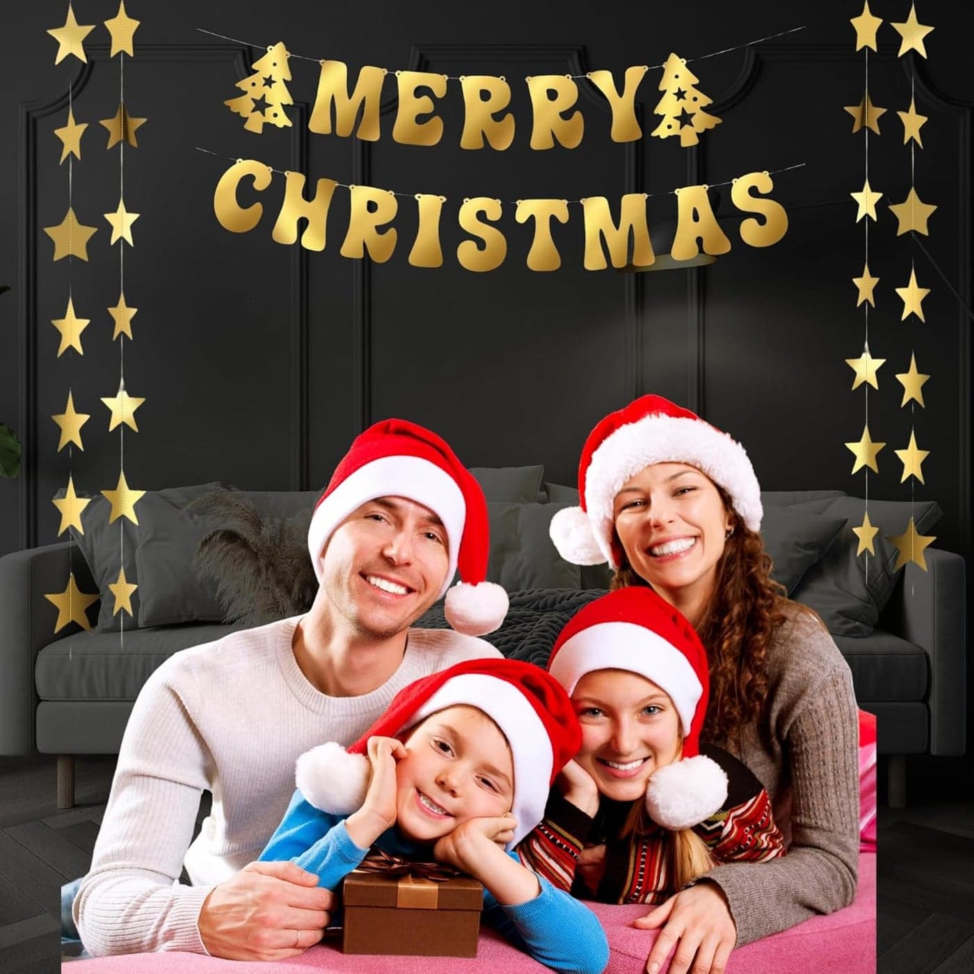 DIGI ARTS Merry Christmas Paper Hanging Banner Decoration Golden Star Frill Set Gold 13 x 14 cm Banner 110 cm Star Frills Christmas Decoration for Home Office Party Church