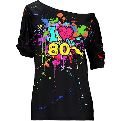 Coume 80s Costume Outfit for Woman Love off the Shoulder T Shirts Novelty Neon Top Clothes for Costume Mid Sleeve Length(3XL)