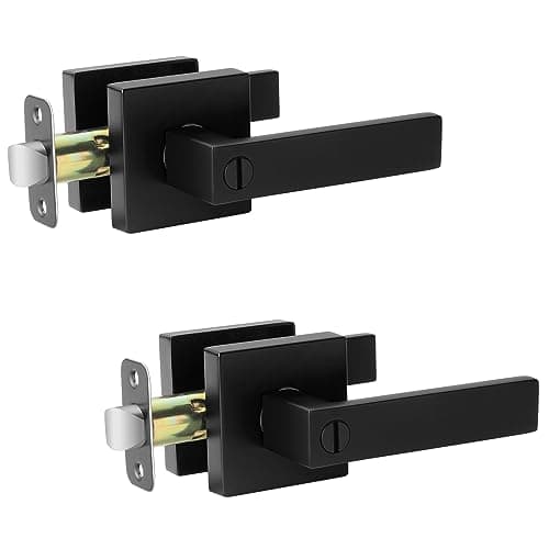 AIKKIL Privacy Door Handle Black Keyless Door Levers Set (2 Pack), Heavy Duty Interior Door Handles Lock for Bedroom or Bathroom, Square Door Knob with Reversible Handle for Left Right Sided Doors