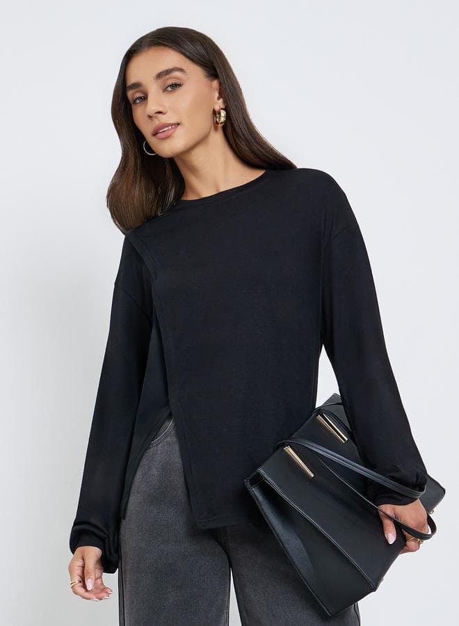 Black Oversized Long Sleeve Side Slit T-Shirt — M