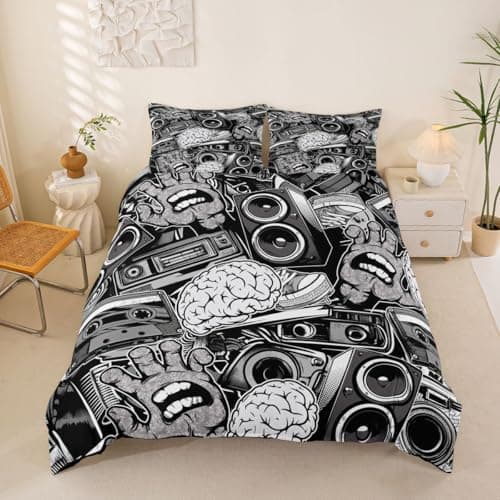 Feelyou Graffiti Bedding Set for Teens Boys Queen Rock Music Theme Duvet Cover Set Hip Hop Comforter Cover Set Kids Teenage Street Art Quilt Cover Hippie Room Decor Bedding with 2 Pillow Shams (3Pcs)