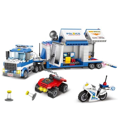 City Police Mobile Command Center Truck Building Blocks Kit Toys Police Vehicles Series Prison Break Jail Set with Action Cop Motorbike ATV Arms Play Set for Boys and Kids Age 5 483 Pieces