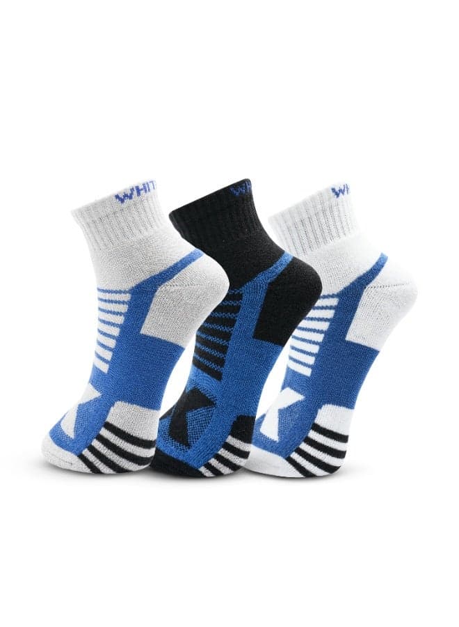 3 Pairs Ankle Socks Soft Cotton Terry Cushioned Moisture-Wicking Antibacterial Free Size - Black, Gray and White