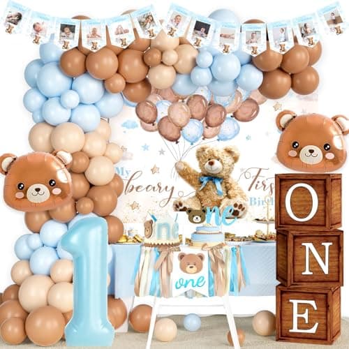 Hombae Beary First Birthday Decoration for Boys – Blue & Brown Balloon Garland, Photo Banner, Beary First Backdrop, Cute Bear Foil Balloons, Highchair Banner, 116 Pcs Teddy Bear 1st Birthday Decor