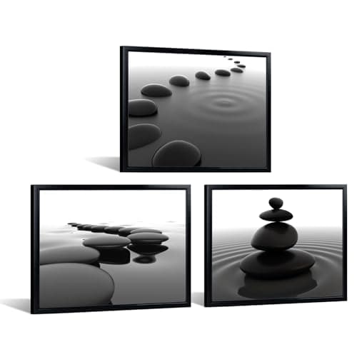 iKNOW FOTO 3pcs Black and White Zen Wall Art Stones in Water Canvas Prints with Black Frame for Bathroom Yoga Meditation Spa Living Room Bedroom Wall Decor Framed Ready to Hang 12x16 Inches