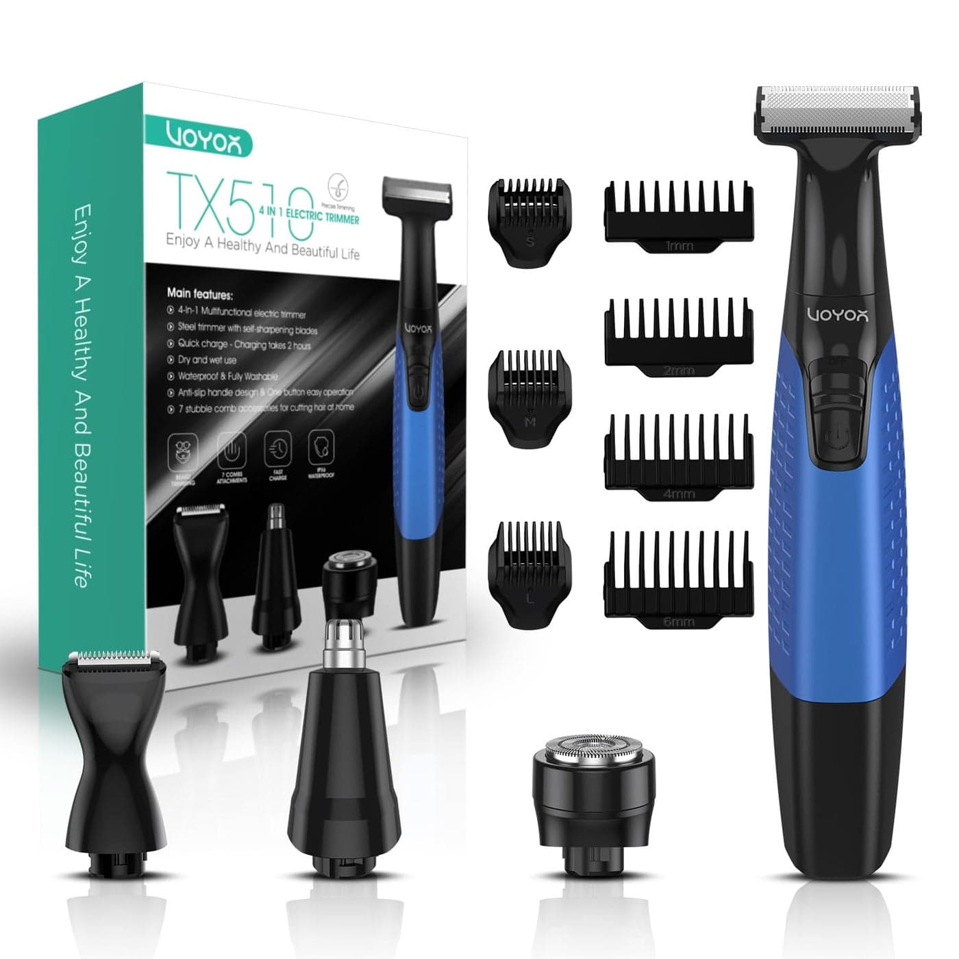 VOYOR Beard Trimmer for Men Electric Razor Nose Face Body Hair Trimmer with Adjustable Length Combs All in 1 Rechargeable Mens Grooming Kit Cordless Electric Shaver WetDry TX510 Blue