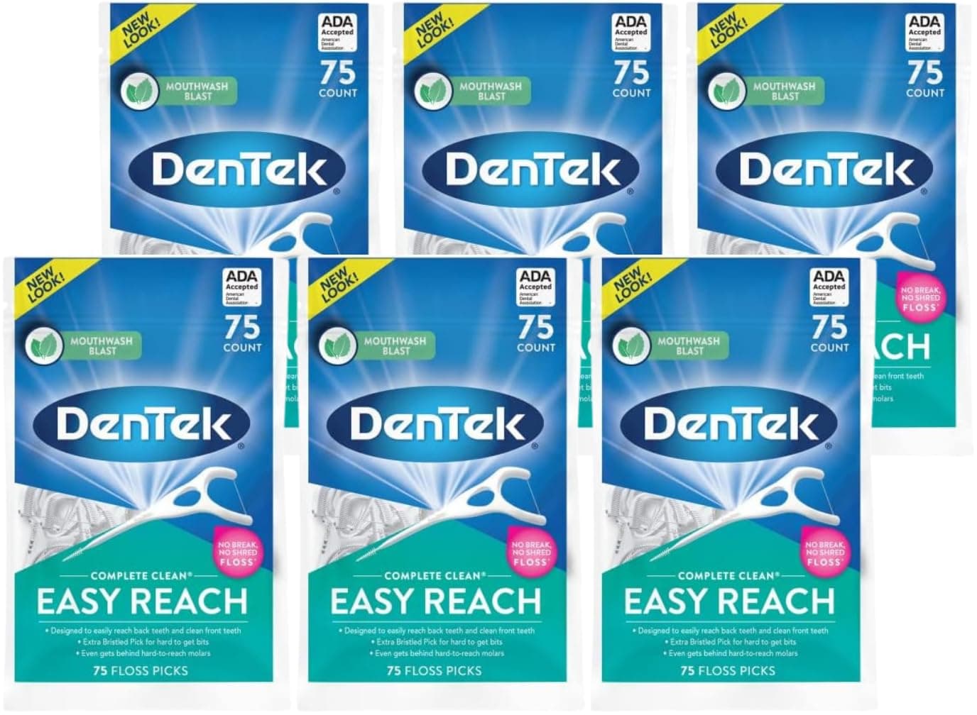 DenTek Complete Clean Easy Reach Floss Picks Advanced Fluoride Coating Mouthwash Blast Flavor 75 ct Pack of 6