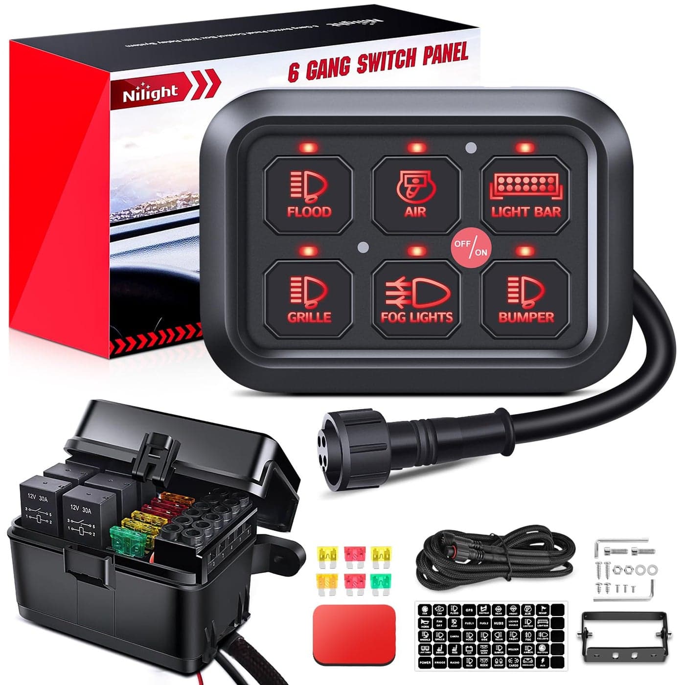 Nilight 6 Gang Switch Panel Universal Circuit Control Relay System with Fuse Wiring Harness Automatic Dimmable ONOff LED Pod for Cars Trucks Boats ATV UTV SUV