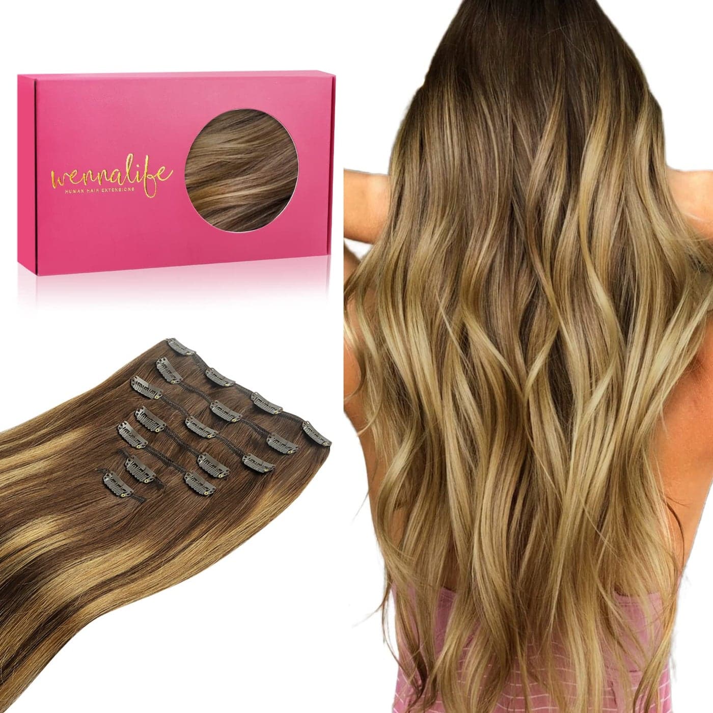 WENNALIFE Real Human Hair Extensions 14 Inch 120g 7pcs Balayage Chocolate Brown to Caramel Blonde