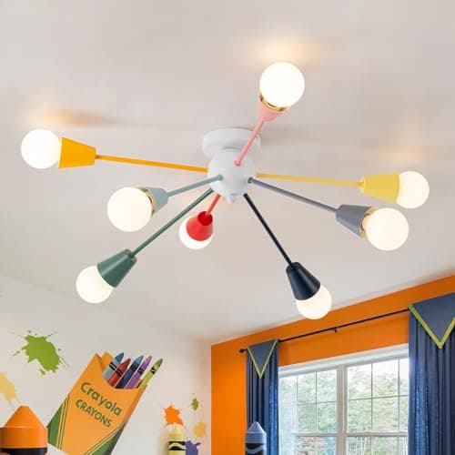 Ymlii Colorful Chandelier, 8-Light Modern Sputnik Chandelier, Kids Ceiling Light with Multi Color Rainbow Semi Flush Mount Ceiling Lights for Living Room Dining Room Bedroom Playroom E26 Base