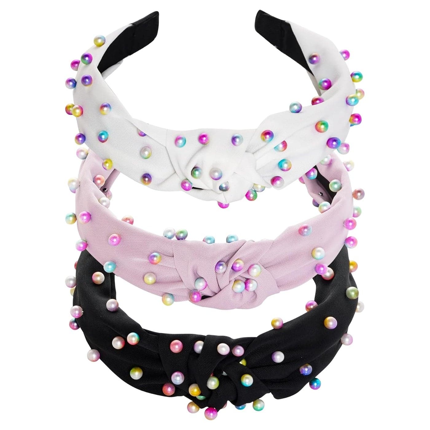 Sucrain 3 Pcs Pearl Knotted Headbands for Women Girls Colorful Jeweled Embellished Gem Faux Pearl Cross Knot Twisted Hairband Turban Headband Hair AccessoriesBlackWhitePink