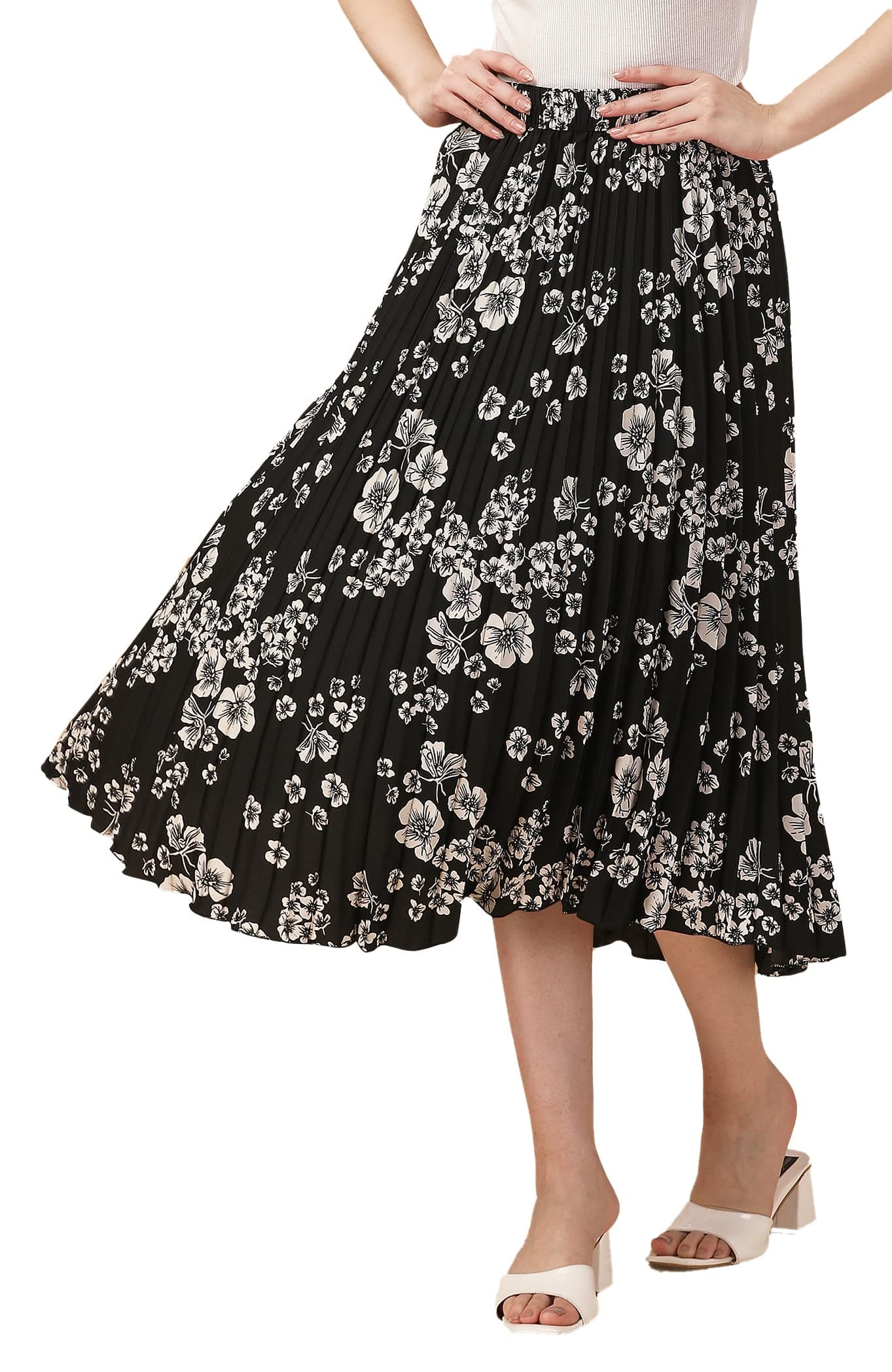 OTABU Women's/Girl's Midi Skirt (in, Alpha, M, White-Flower)