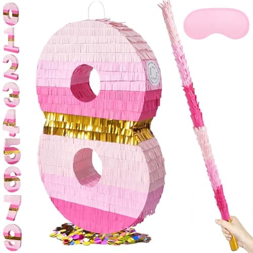PCFING 20 Inch Number 8 Piata Pink Gold with 30 Inch Piata Stick Blindfold Confetti for Boys Girls Adults Birthday Party Decorations Anniversary Celebration Fiesta