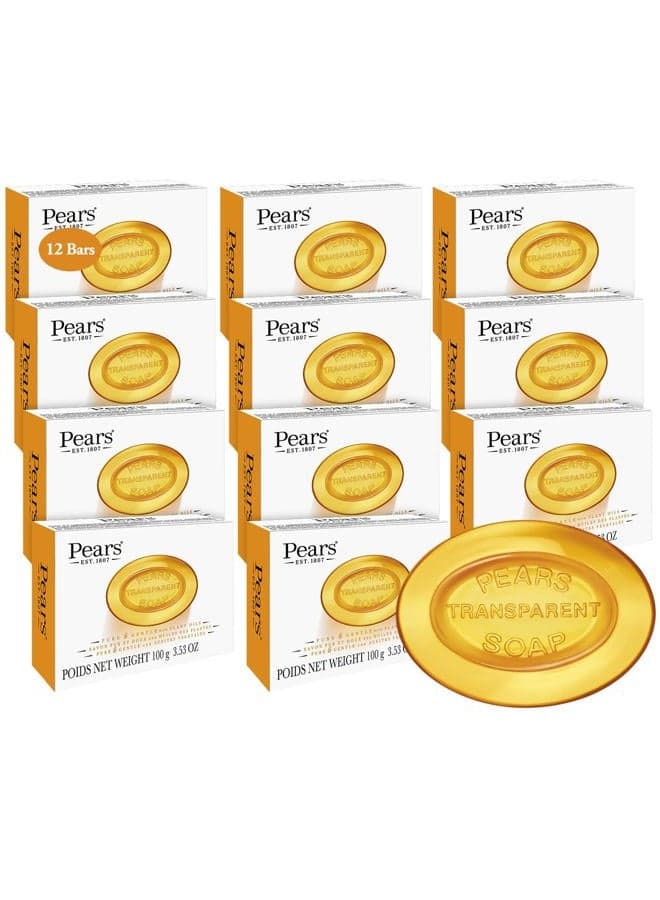 Pears Soap, Pure & Gentle with Natural Oils, 12-Pack – Transparent Amber Glycerin Soap for Pampered, Glowing Skin, 3.53 Oz Ea