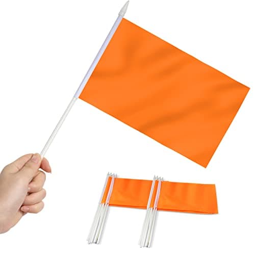 Anley Orange Mini Flag 12 Pack Hand Held Small Miniature Solid Orange Blank Flags on Stick Fade Resistant Vivid Colors 5x8 Inch with Solid Pole Spear Top