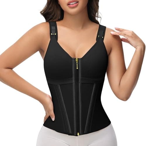 SHAPSHE Waist Trainer Corset for Women Tummy Control Sport Workout Body Shaper Vest for Women Postpartum Gym Zipper and Hooks Black L