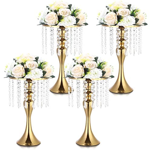 Rozrety 4 Pcs Gold Vases for Centerpieces, 13.5 inch Tall Crystal Flower Stand Wedding Centerpieces for Tables Decorative Metal Flower Vase for Party Anniversary Ceremony Birthday Event Home Decor