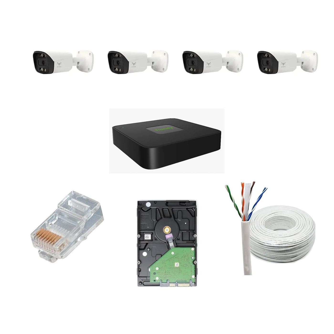 JK Vision 5MP CCTV IP Camera Full Set 4 Bullet 4 Channel NVR with inBuilt POE 1TB Hard Disk Cat6 Cable 100 Meter 8 RJ45 Connector