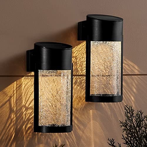 SUNNYPARK Solar Outdoor Wall Lights Fixture Set of 2 Porch Lights Crackled Glass Diffuser with Warm White LED