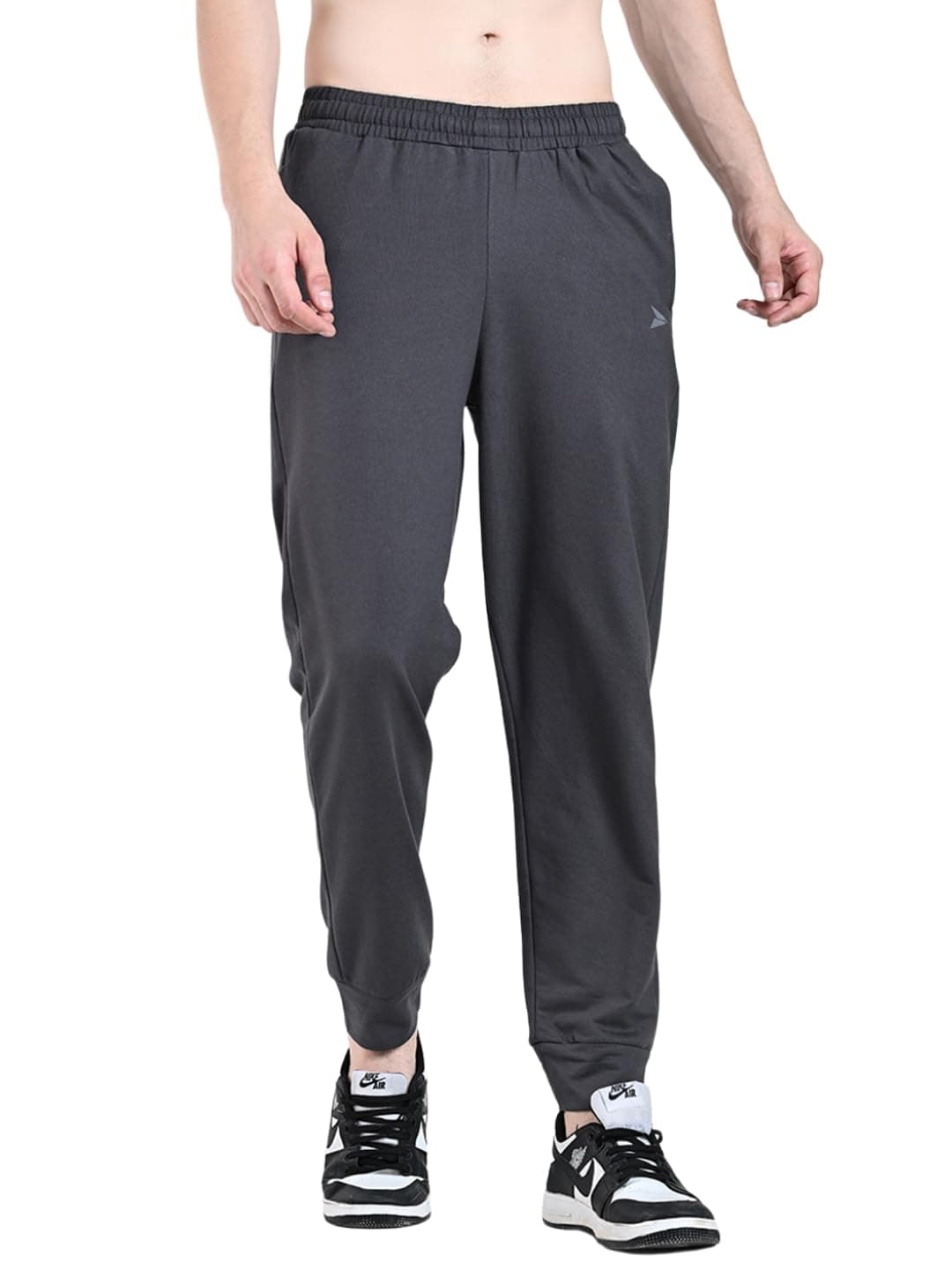 FITINC Soft Cotton Charcoal Joggers for Men | Regular Fit Summer Jogger for Gym, Running, Walking, Training with Zipper Pockets & Cuffed Ankles for Casual Outings (Color- Charcoal, Size- Medium)