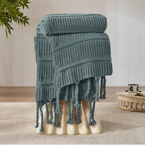 Boho Knitted Chenille Blanket with Tassels - Lightweight & Soft All-Season Throw - 3D Classic Pattern for Living Room Bedroom Couch, Celestial Blue, Throw 50"x60"