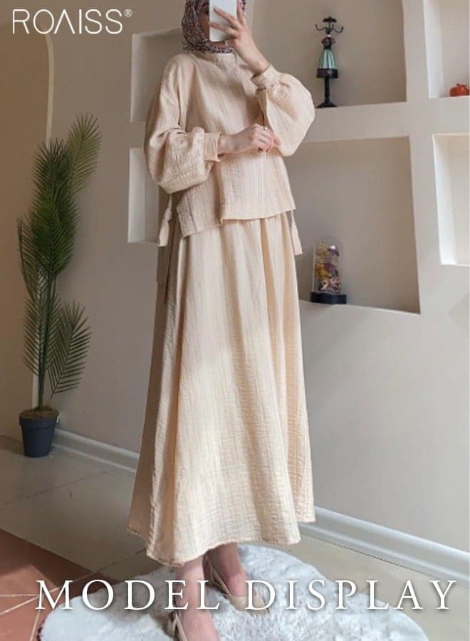 2-Piece Women's Casual Set Loose Casual Lantern Sleeve Top Shirt+Fashionable Large Hem Ankle Length A-Line Skirt
