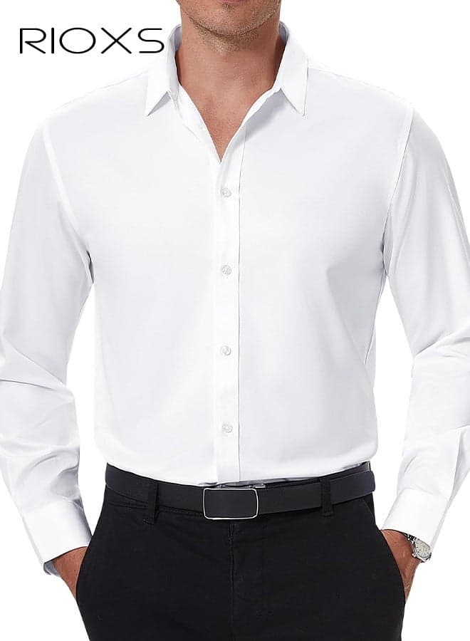Men's White Dress Shirt, Spread Collar Long Sleeve Formal Shirt with Lightweight Breathable Fabric, Business Casual Office Wear, Slim Fit Button Down Shirt for Men, All Season Versatile Dress Shirt, Wedding Guest Formal Shirt, Gala Dinner Appropriate Attire