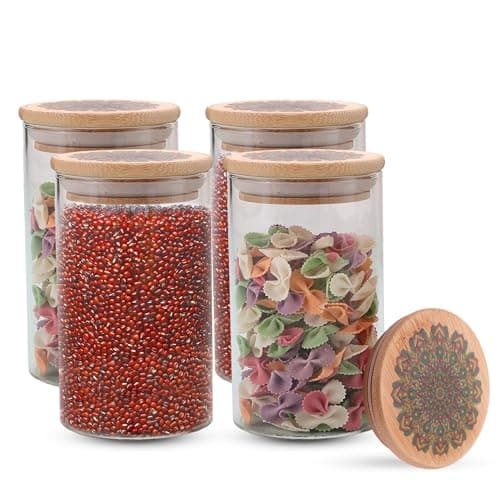 The Better Home Pack of 4 Kitchen Containers Set Glass Jars with Printed Bamboo Lids I Multipurpose Airtight Storage Jars for Cookies, Snacks, Spices I 600 ml Each |, Transparent