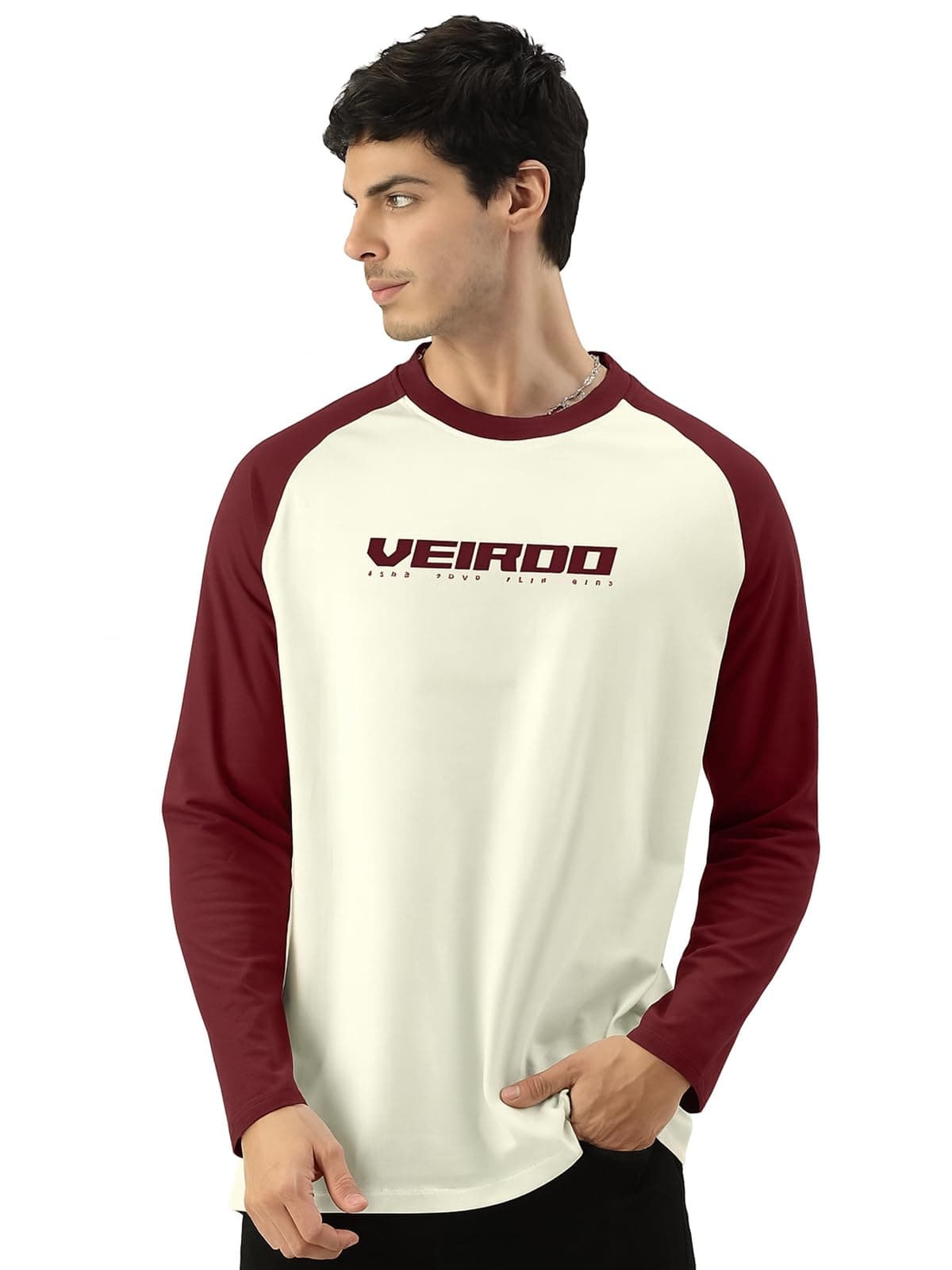 Veirdo® Pure Cotton Regular Fit Round Neck Front Chest Typographic Logo Printed Raglan Full Sleeve T-Shirt for Men (VD_FS_RAG_SW_MR_S) Maroon