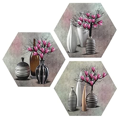 Indianara Set of 3 Pink Roses in the Port Hexagon Pieces MDF Painting (3606HEX) without glass (17 inch x 17 inch)