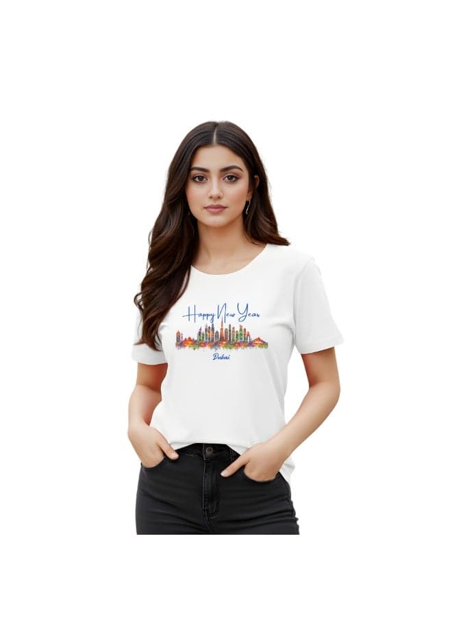 Happy New Year Dubai Adult Women's T-Shirt - Women's Round Neck Short Sleeve T-Shirt With Happy New Year And Dubai Design-Perfect For New Year Party Celebration