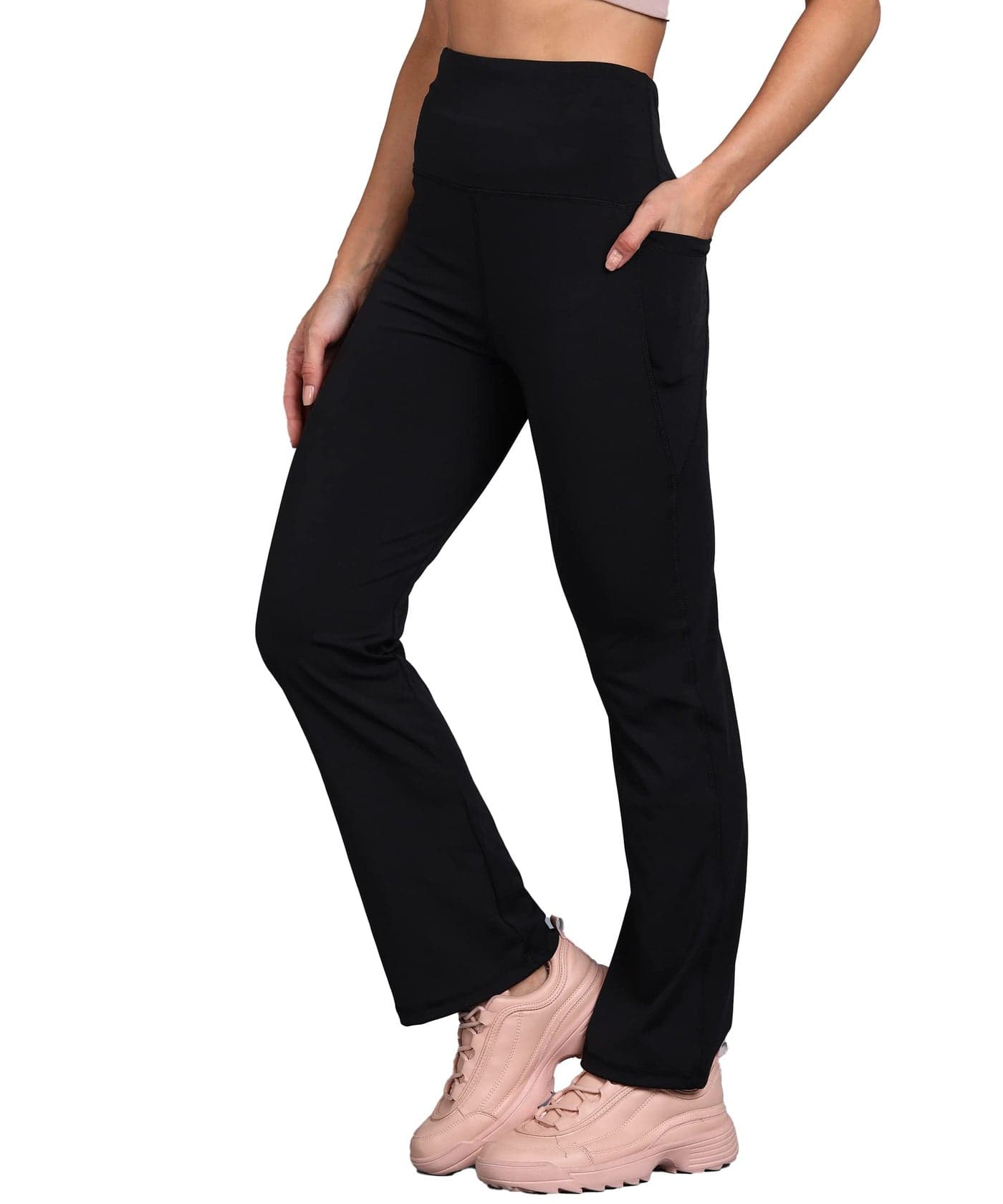 Rock Paper Scissors Womens High Rise Premium Flare Gym Pants Stretchable Flared Leggings With Pockets Gym Wear/Active Wear Tights Yoga Pants Zumba/Dance Workout Gym Tight Black L Size