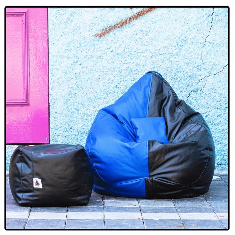 King Comfort 4XL Faux Leather Bean Bag Cover with Foot Rest Cushion Without Beans with 1 Year Warranty Lounge Chair Cover for Home Office Bedroom Hall Tear Drop Shape Blue Black