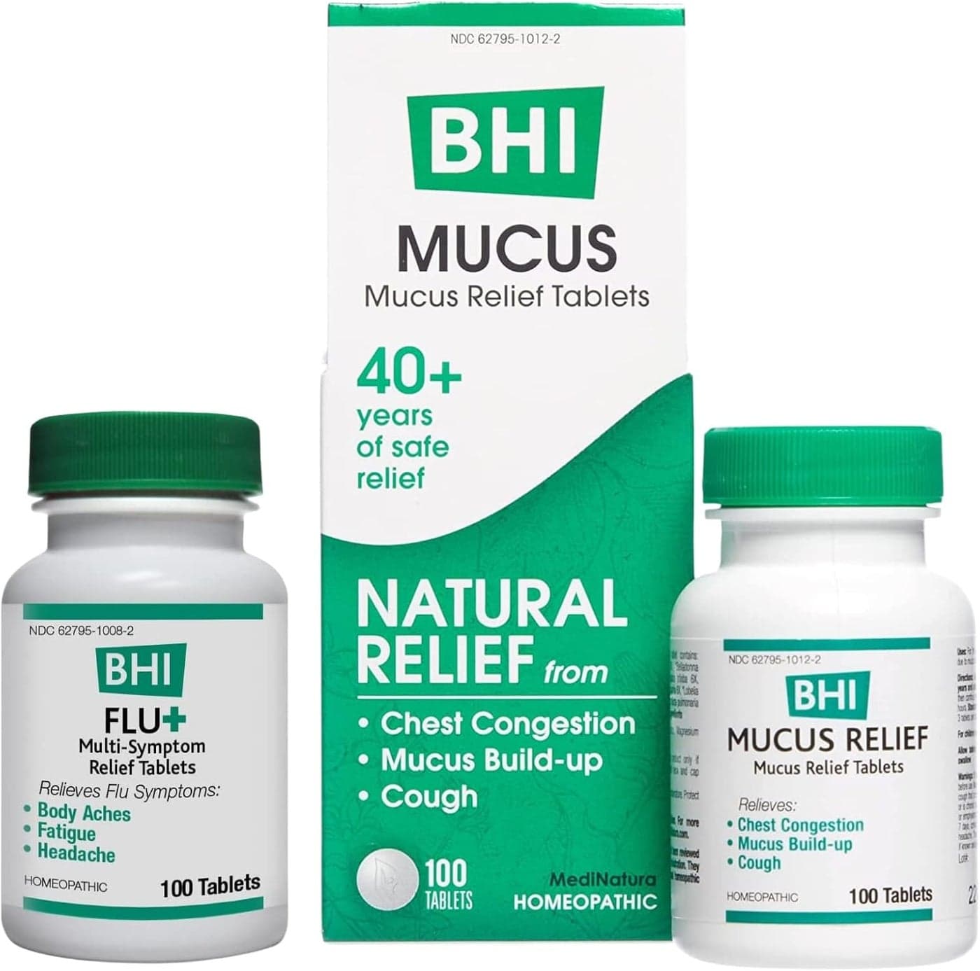 BHI Flu ColdFlu Symptom Relief Natural Safe Homeopathic Relief 100 Tabs and BHI Mucus Natural Chest Congestion Relief Homeopathic Support for Cough and Mucus Buildup 100 Tablets Bundle