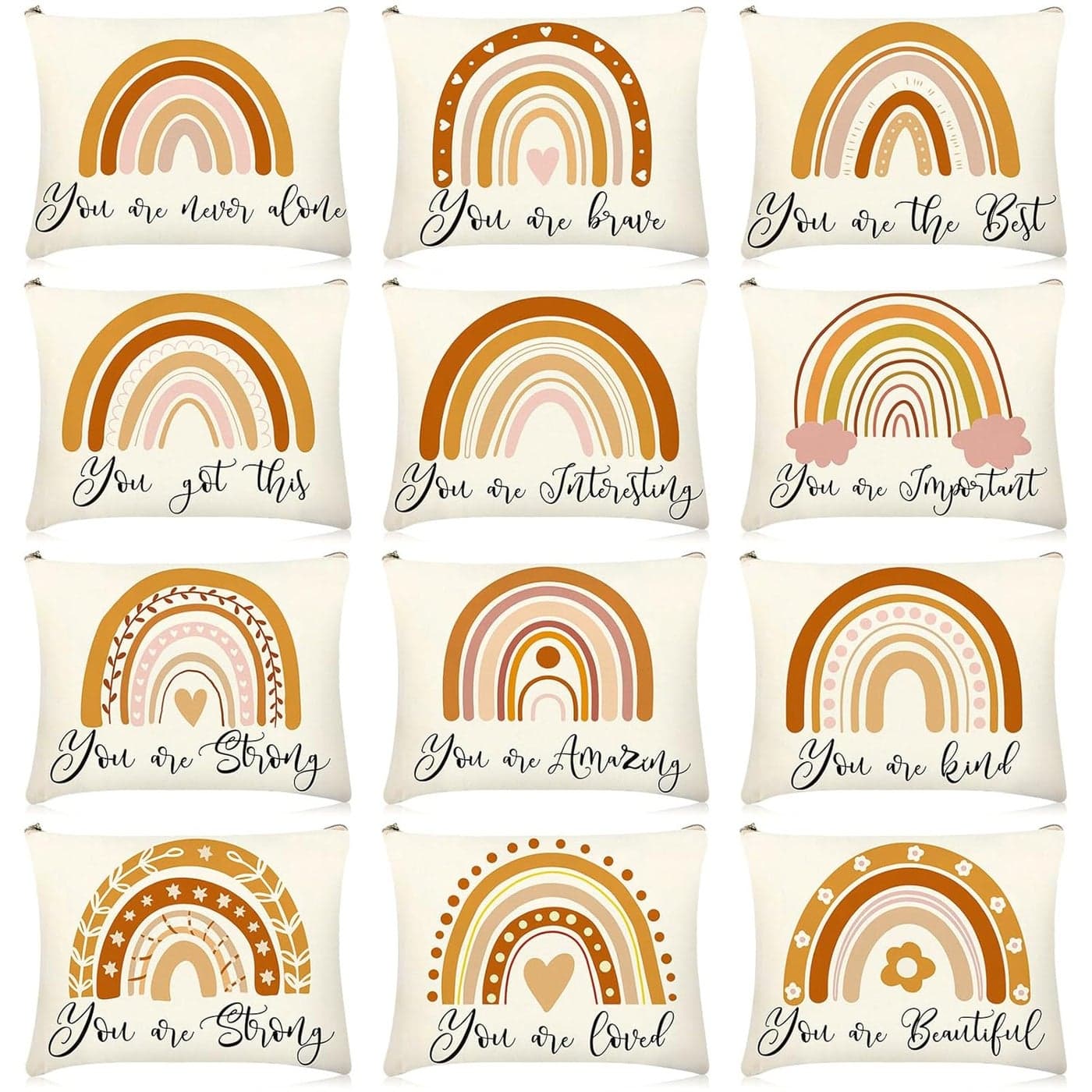 Kajaia 12 Pcs Boho Rainbow Cosmetic Bags Bulk Inspiration Canvas Makeup Bag Boho Party Favors Sunshine Makeup Pouch Quotes Printed Cosmetic Pouch Zipper Travel Preppy Purse for Woman Adult(Rainbow)