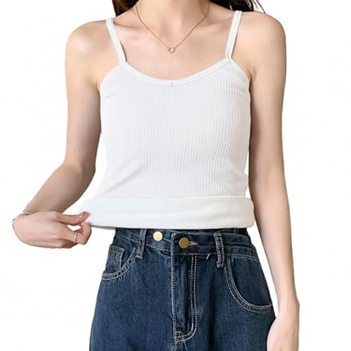 PALAY® Thermal Wear for Women Set V Neck Fleece Lined Thermal Top Winter Inner Wear Slim Fit Cotton Warmer Underwear Tops Camisole Thermals Comfy Stretchy Base Layer Vest Thermal for Women - White