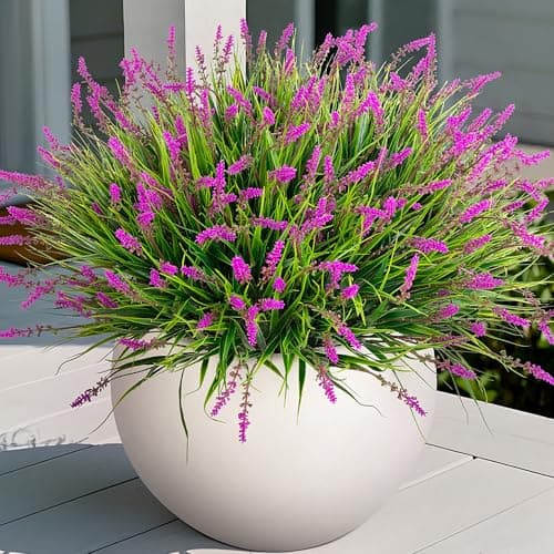 Artificial Flowers Faux Plants for Outdoor Decoration 12 Bundles Fake Monkey Grass for Home Garden Front Porch Balcony Lavender Flowers Shrubs UV Resistant No Fade Greenery Bush Planter Lotus