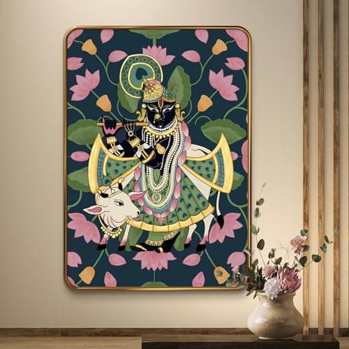 Livin'luxe Gold PVC Framed Lord Shree Nath ji Painting with Cow | Spiritual Floral Background Art for Living Room, Bedroom & Temple Decor | Hindu Religious Wall Art Home Decoration 13 Inch x 19 Inch