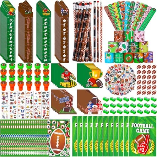 QAUYETM 340 Pcs Football Party Favor Set Football Goodie Bag Stuffers Mini Cards Pencil Sharpener Eraser Tattoos Stickers Bracelets for Team Gift Ideal Football Birthday Party Decorations Supplies