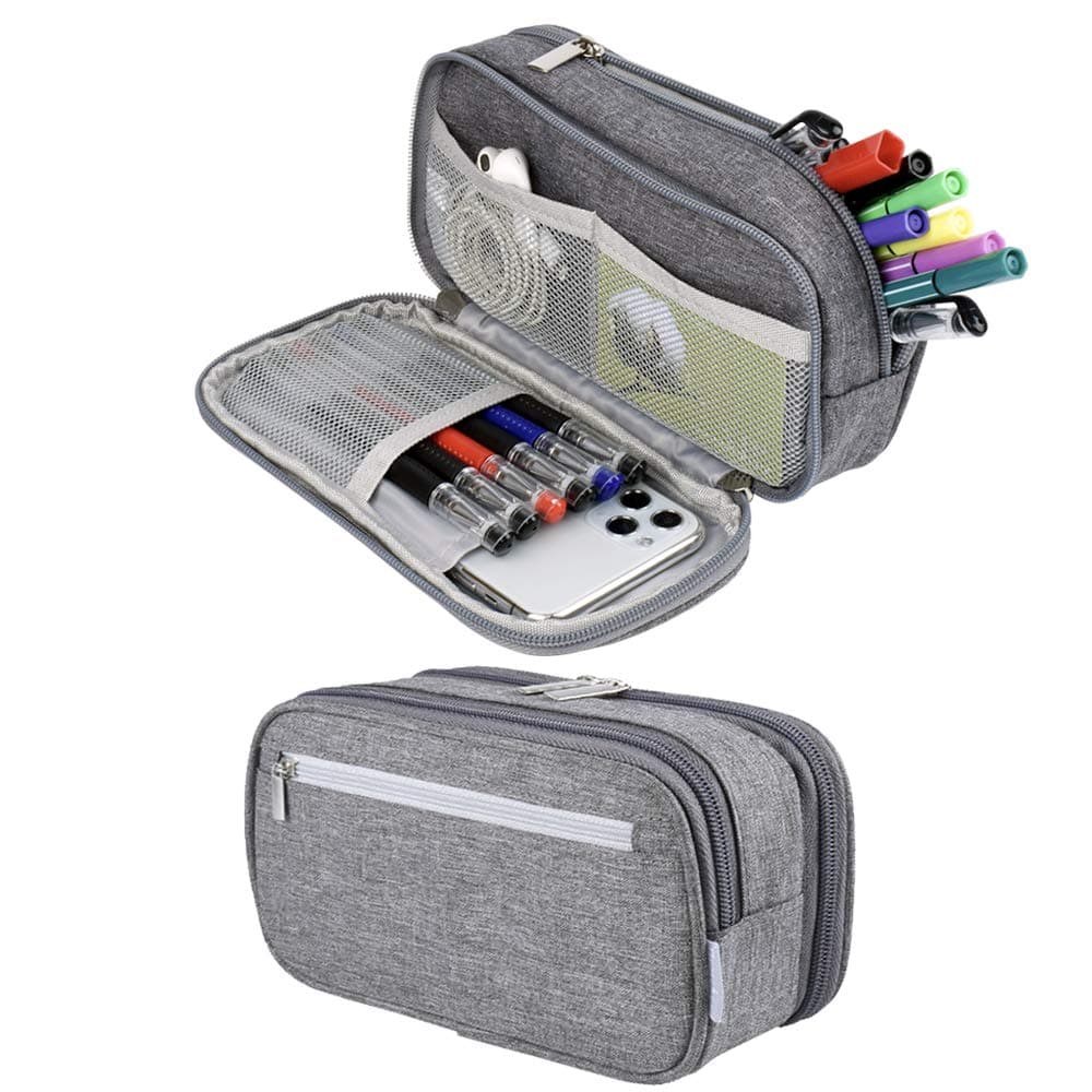 Chelory Large Capacity Pencil Case Big Pencil Bag Pouch High Storage 3 Compartments Pen Marker Holder Cases Office Stationery Organizer Supplies Makeup Bag Men Women Gray