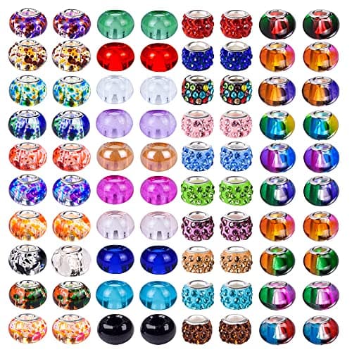 Aipridy European Large Hole Beads Colorful Glass Charm Beads Set Assorted Patterns and Designs Rhinestone Craft Beads for DIY Bracelet Jewelry Making 100 Pack by StyleTransparent Bicolor